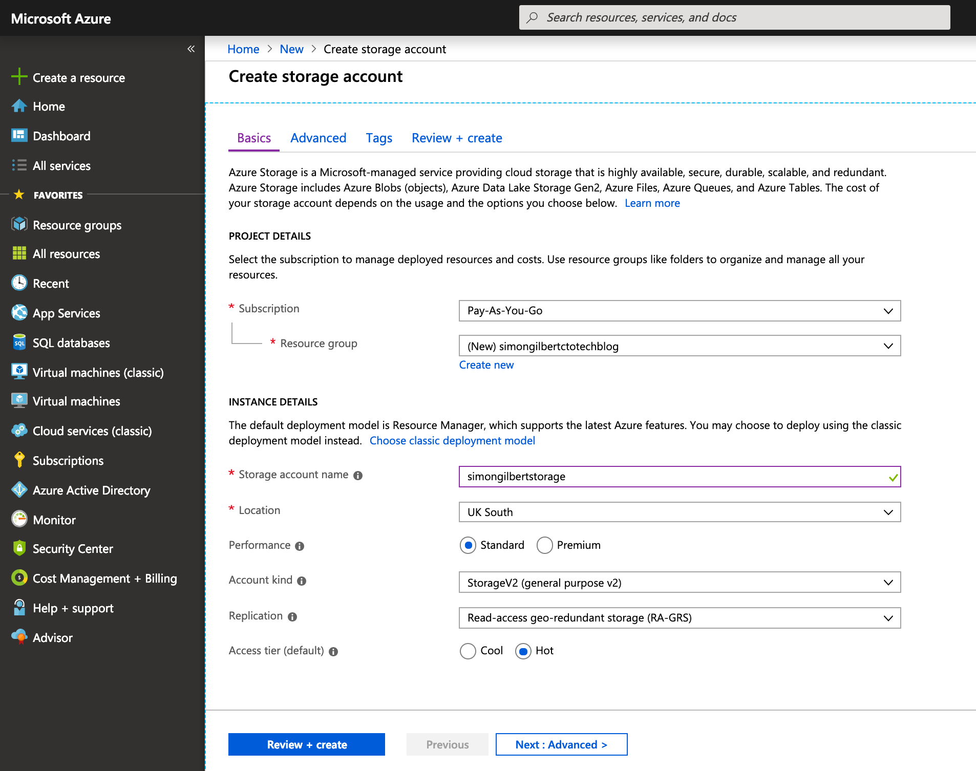 Create Microsoft Azure Storage Account