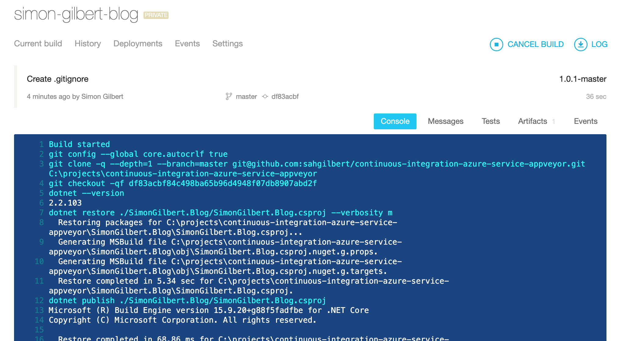 Appveyor Continuous Integration - Azure Build Log