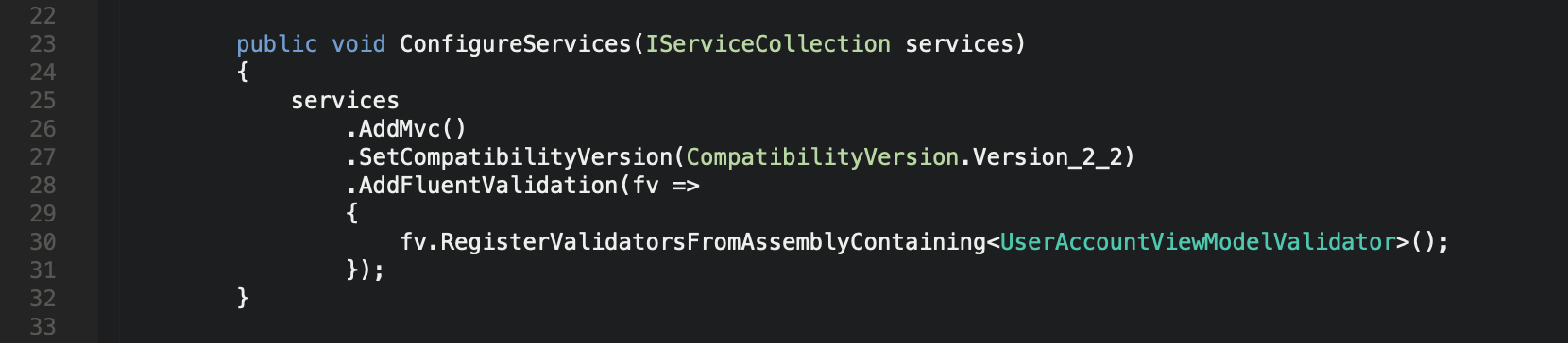 C# ASP.Net MVC Core - Fluent Validation Configure Services