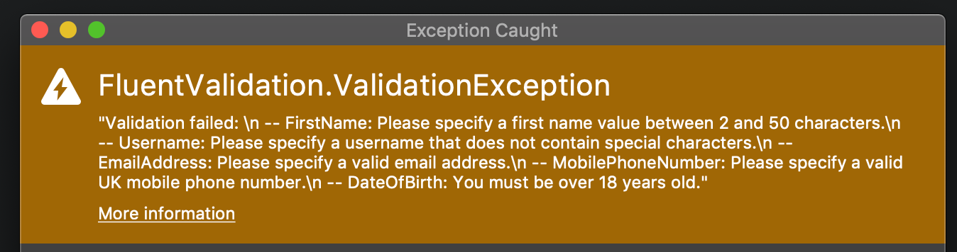 C# .Net Core FluentValidation - ValidateAndThrow Exception