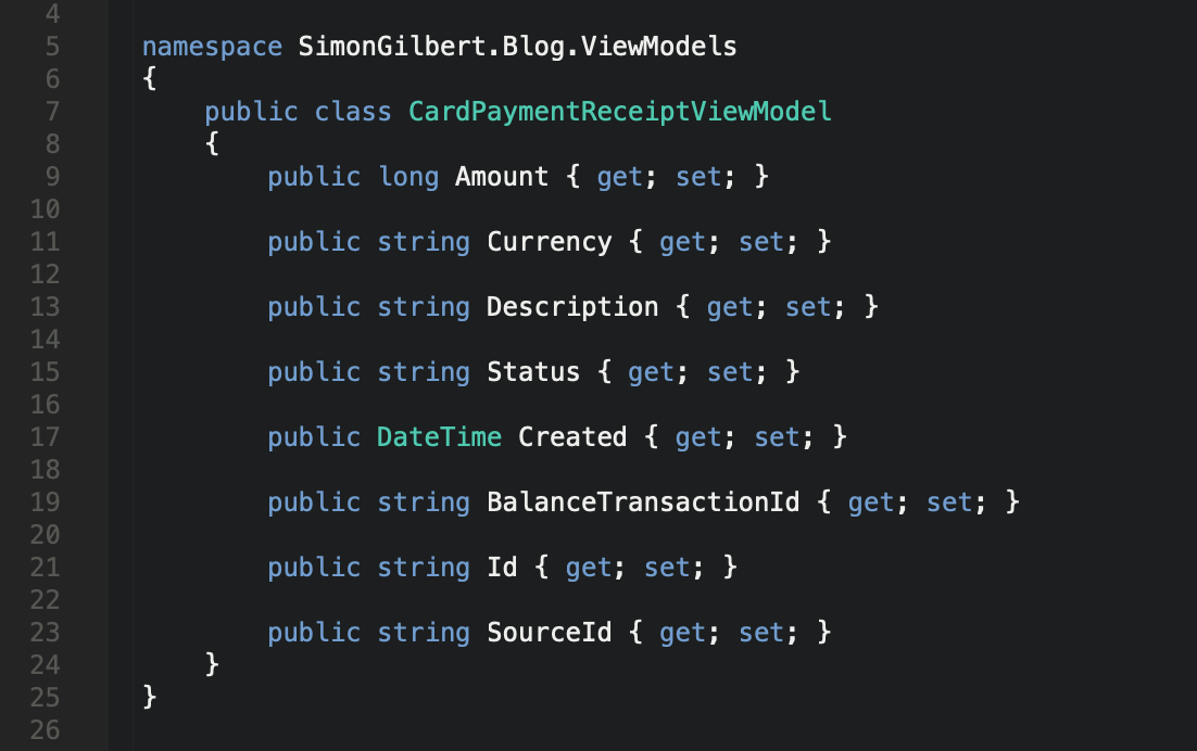 C# ASP.Net MVC Core - Stripe View Model Receipt