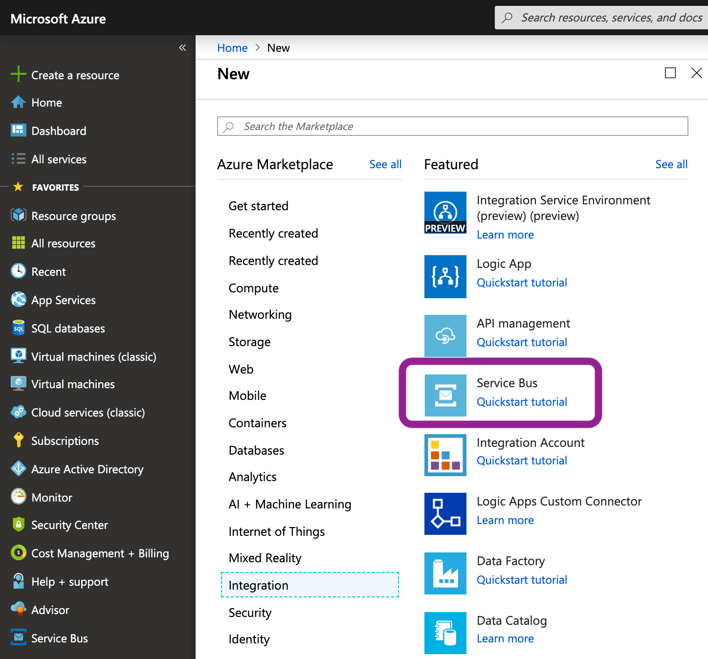 Microsoft Azure Service Bus - Menu