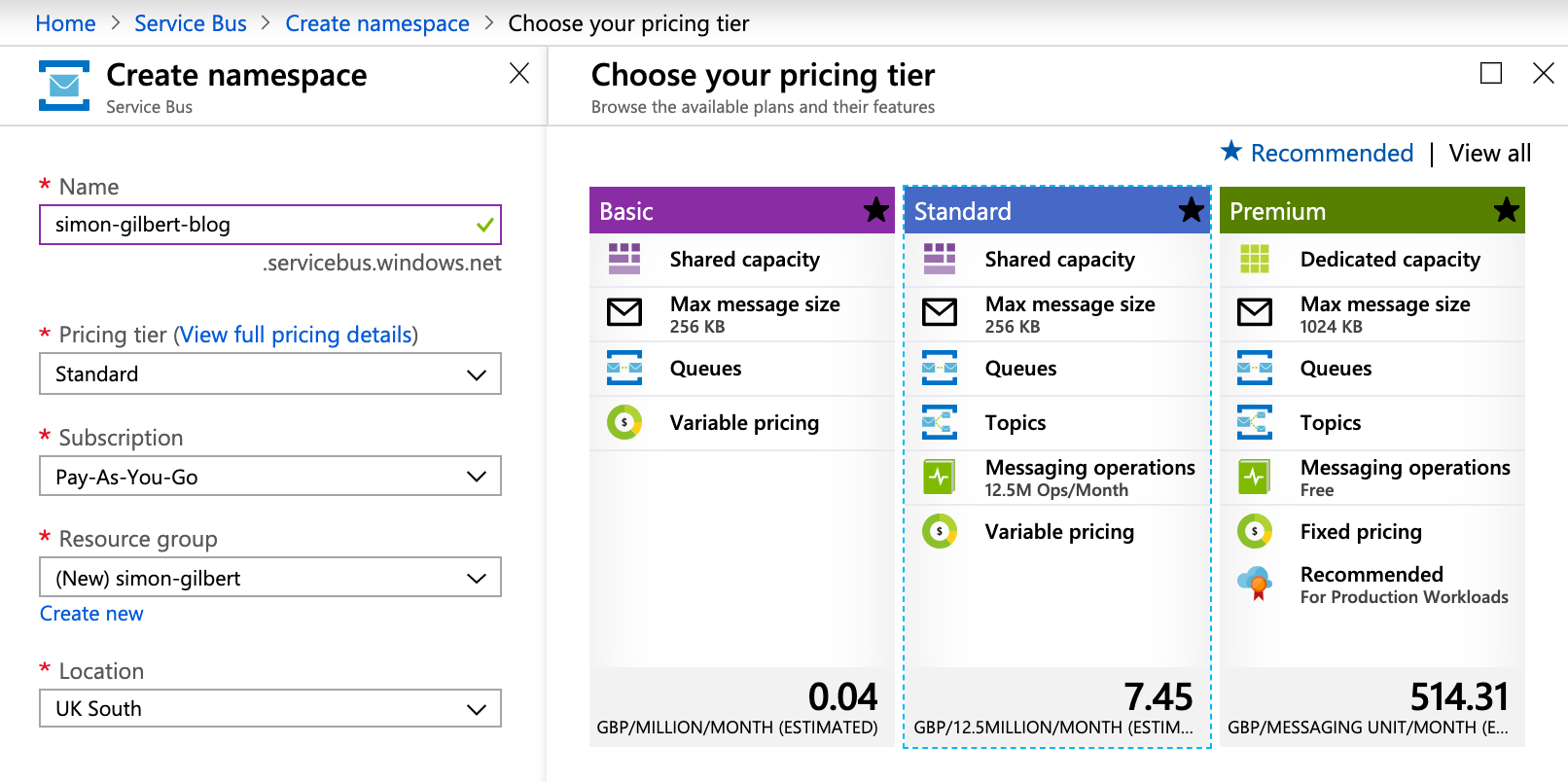 Microsoft Azure Service Bus - Create Namespace & Pricing