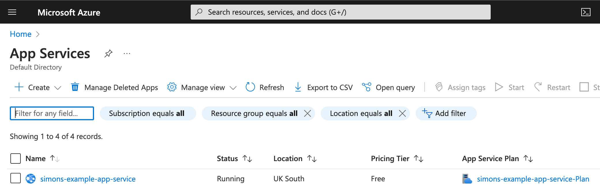 Azure Portal App Service Result